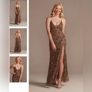 Galina Signature Espresso Brown Sequin Beaded Plunge Strappy Gown Dress size 18W